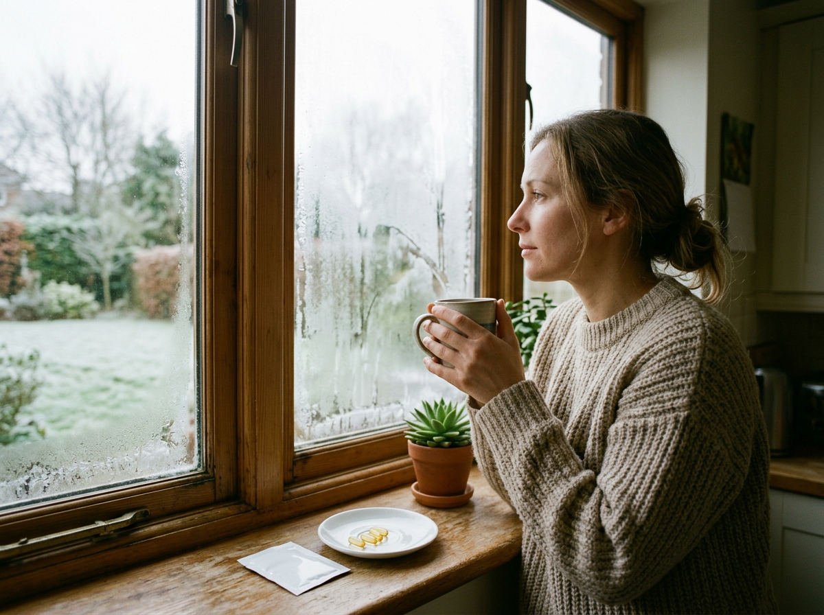 Woman at a frosty kitchen window on a winter morning with a mug