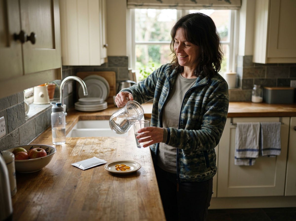 Woman in her forties back from a morning walk with a glass of water