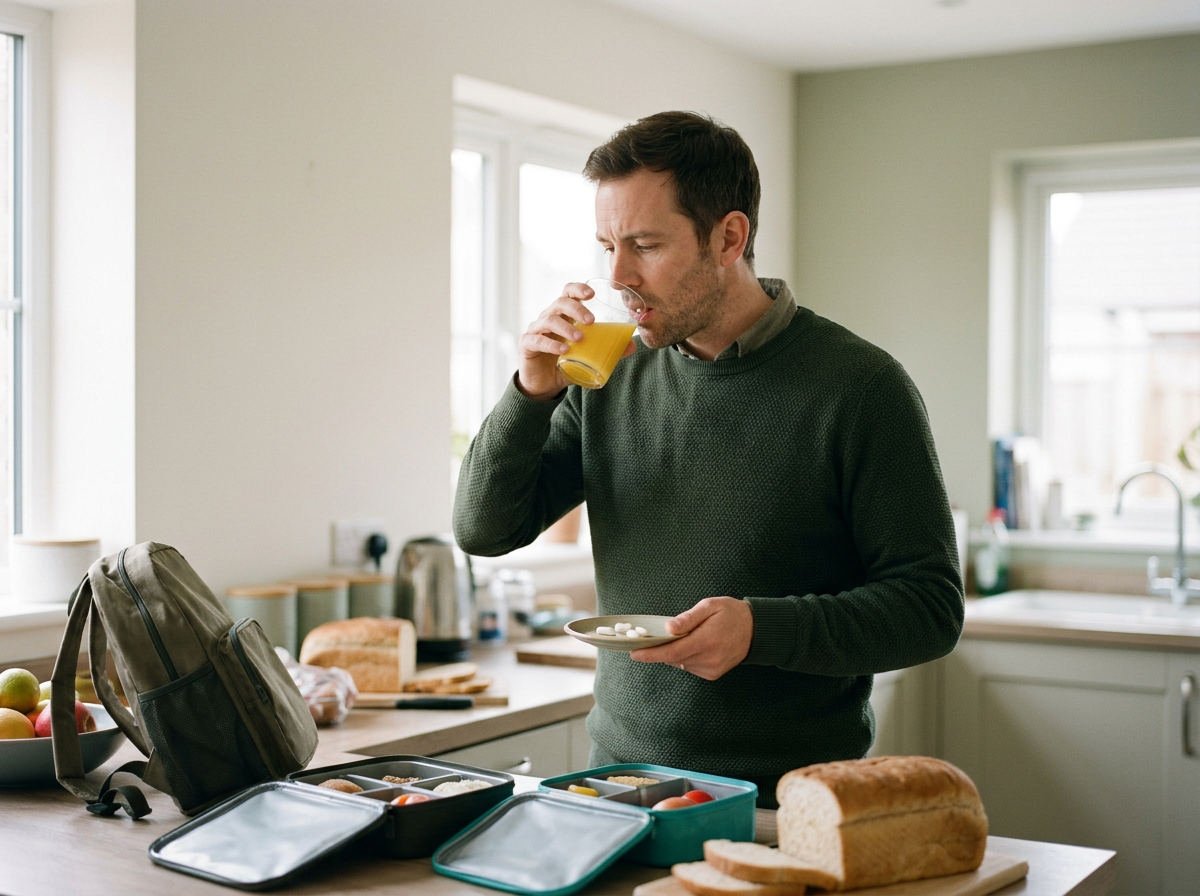 Busy dad taking his supplements at breakfast among lunchboxes and school bags