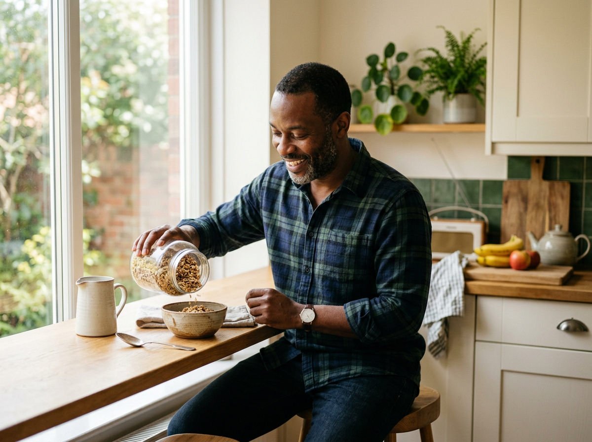 Man pouring cereal from a glass jar into a bowl at a breakfast bar