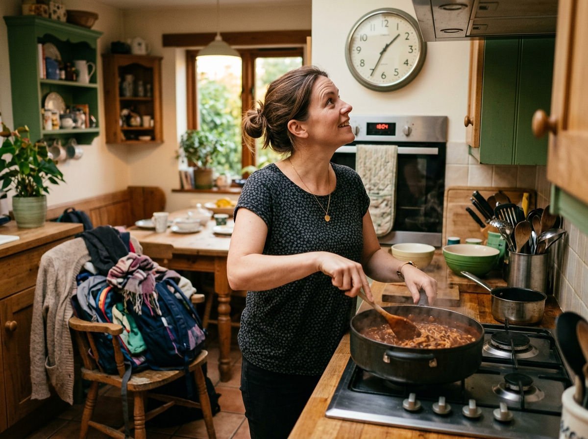 Mum cooking pasta at the hob in a busy family kitchen