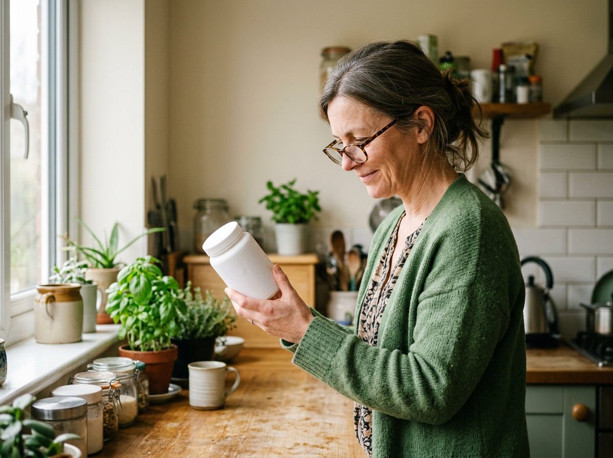 Woman in glasses reading the back of a plain supplement tub