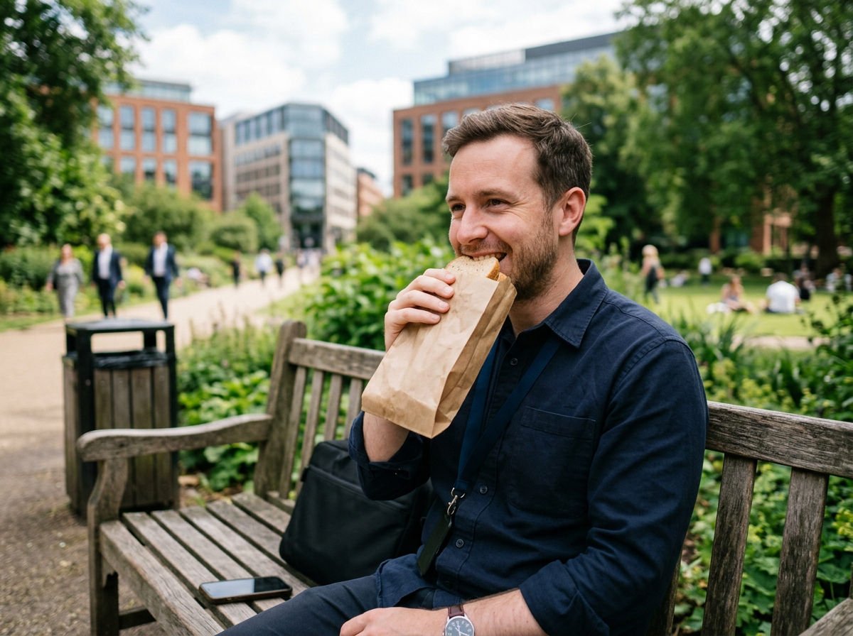 Office worker eating a sandwich on a park bench at lunchtime