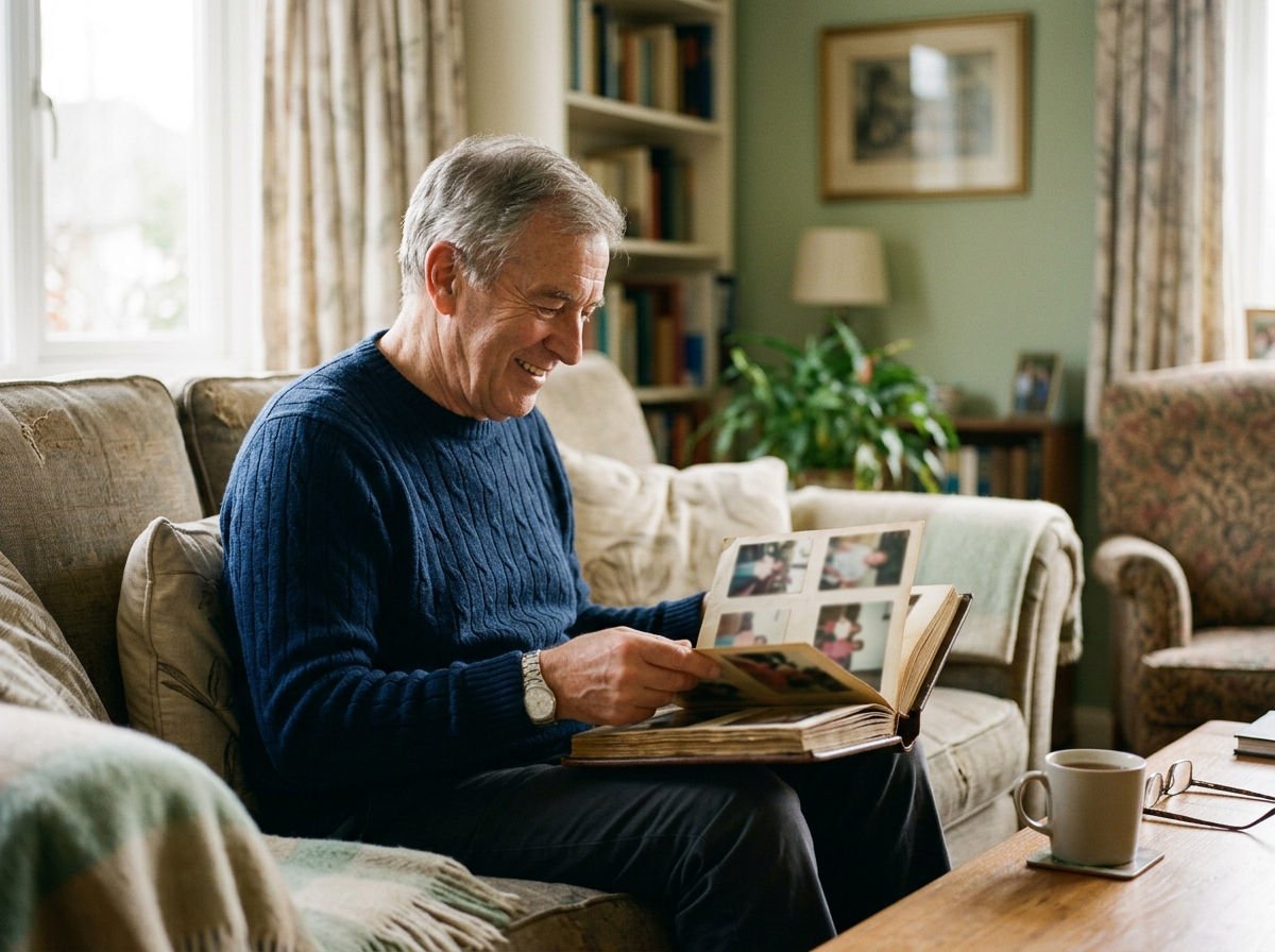 Man in his sixties smiling as he looks through an old photo album on the sofa