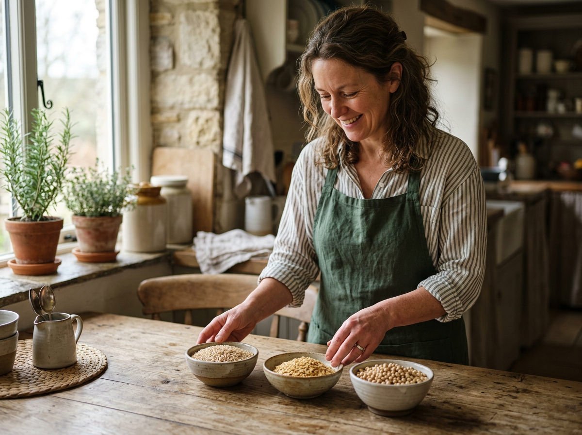 Woman arranging bowls of brown rice, wheat germ and soybeans on a wooden table