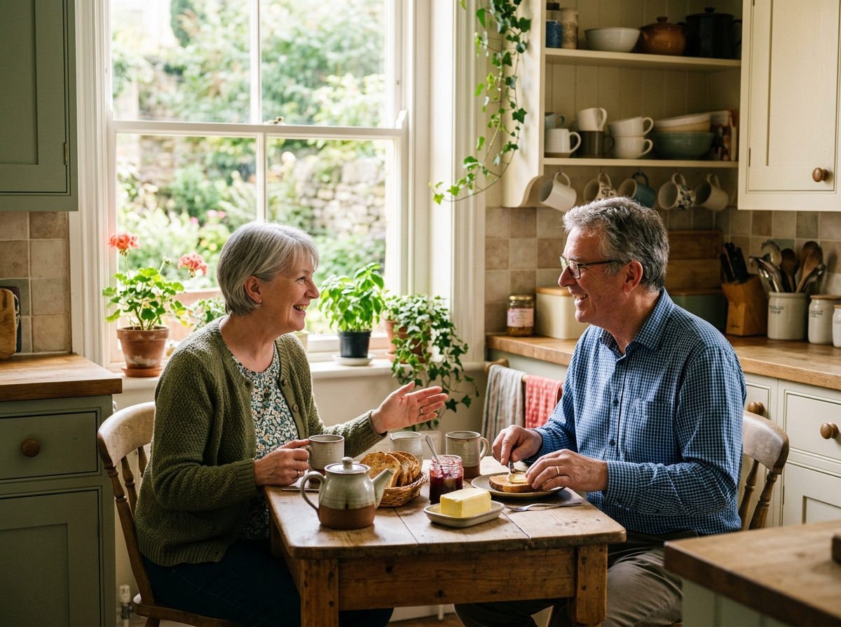 Couple in their sixties laughing over breakfast at a kitchen table