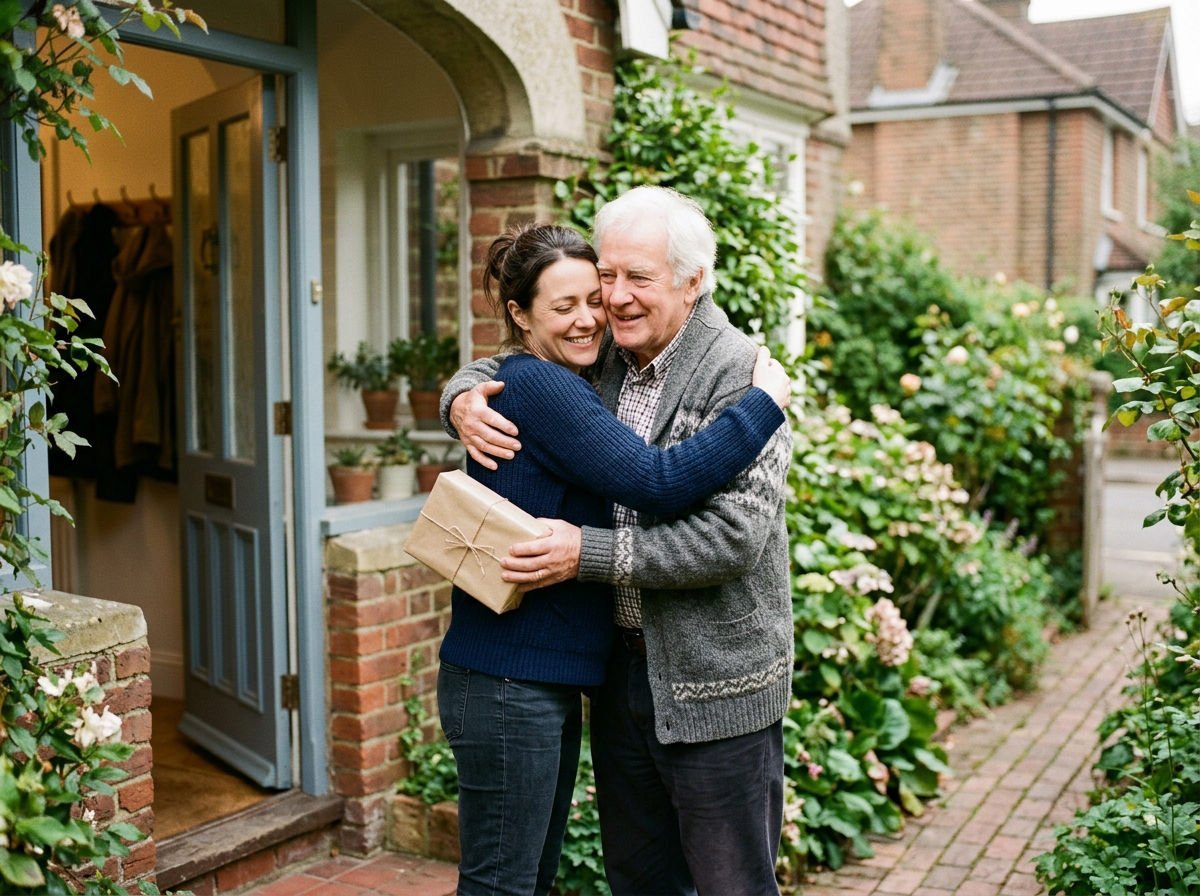 Daughter hugging her father on his doorstep, holding a wrapped parcel