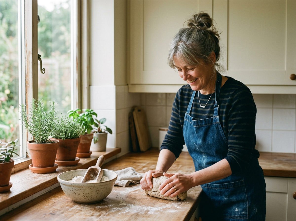 Woman in an apron kneading bread dough on a floured worktop