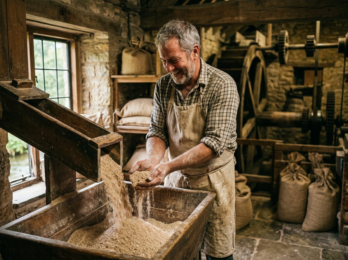 Miller letting freshly milled wholemeal flour run through his fingers