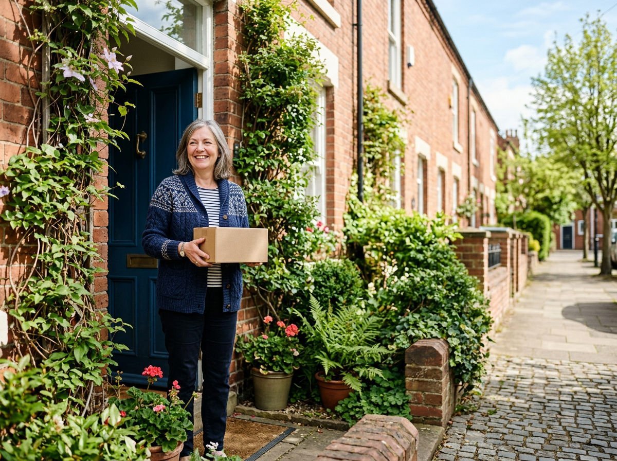 Woman at her front door holding a parcel that has just arrived