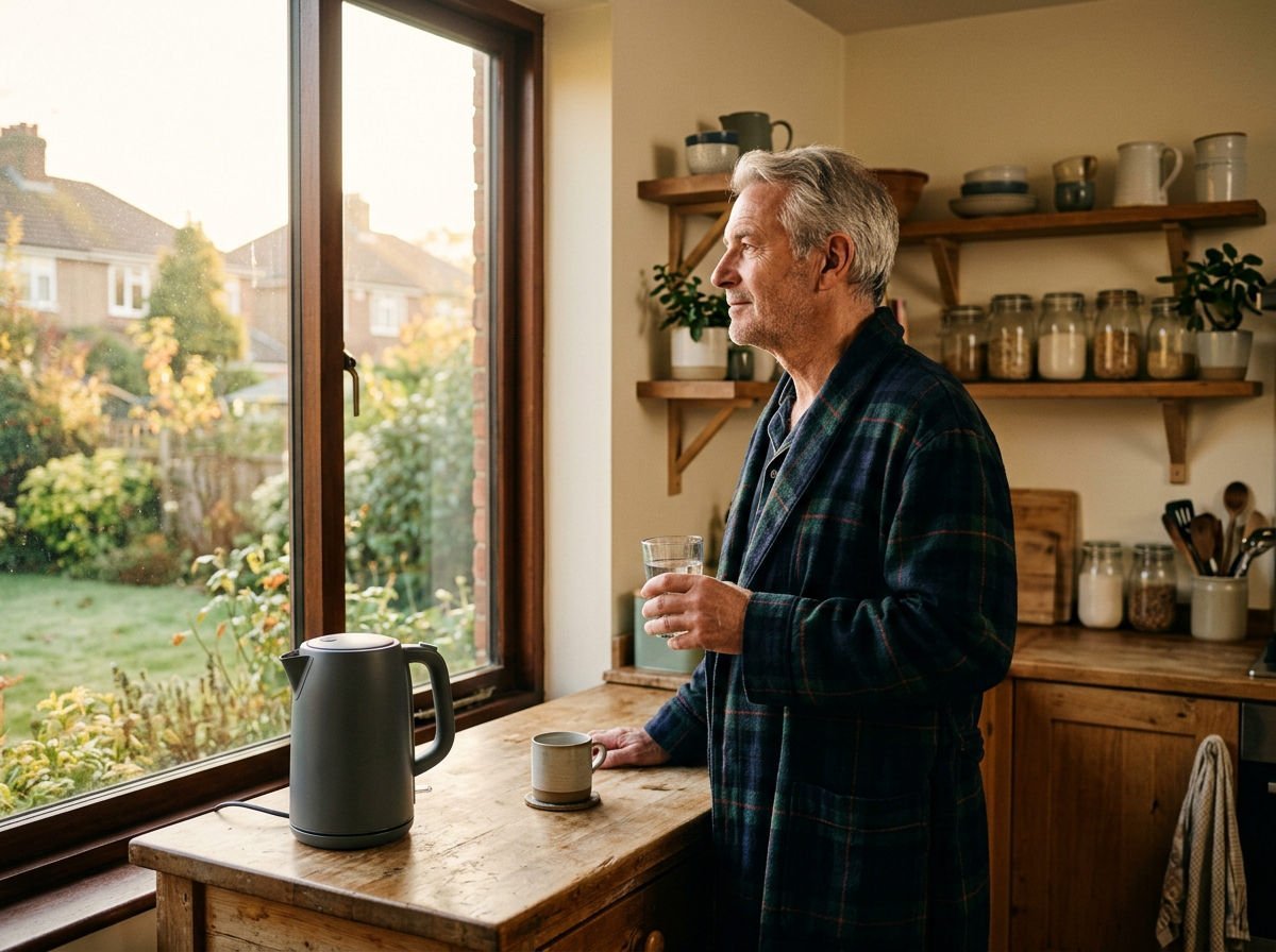 Man in a dressing gown with a glass of water by the kitchen window at sunrise