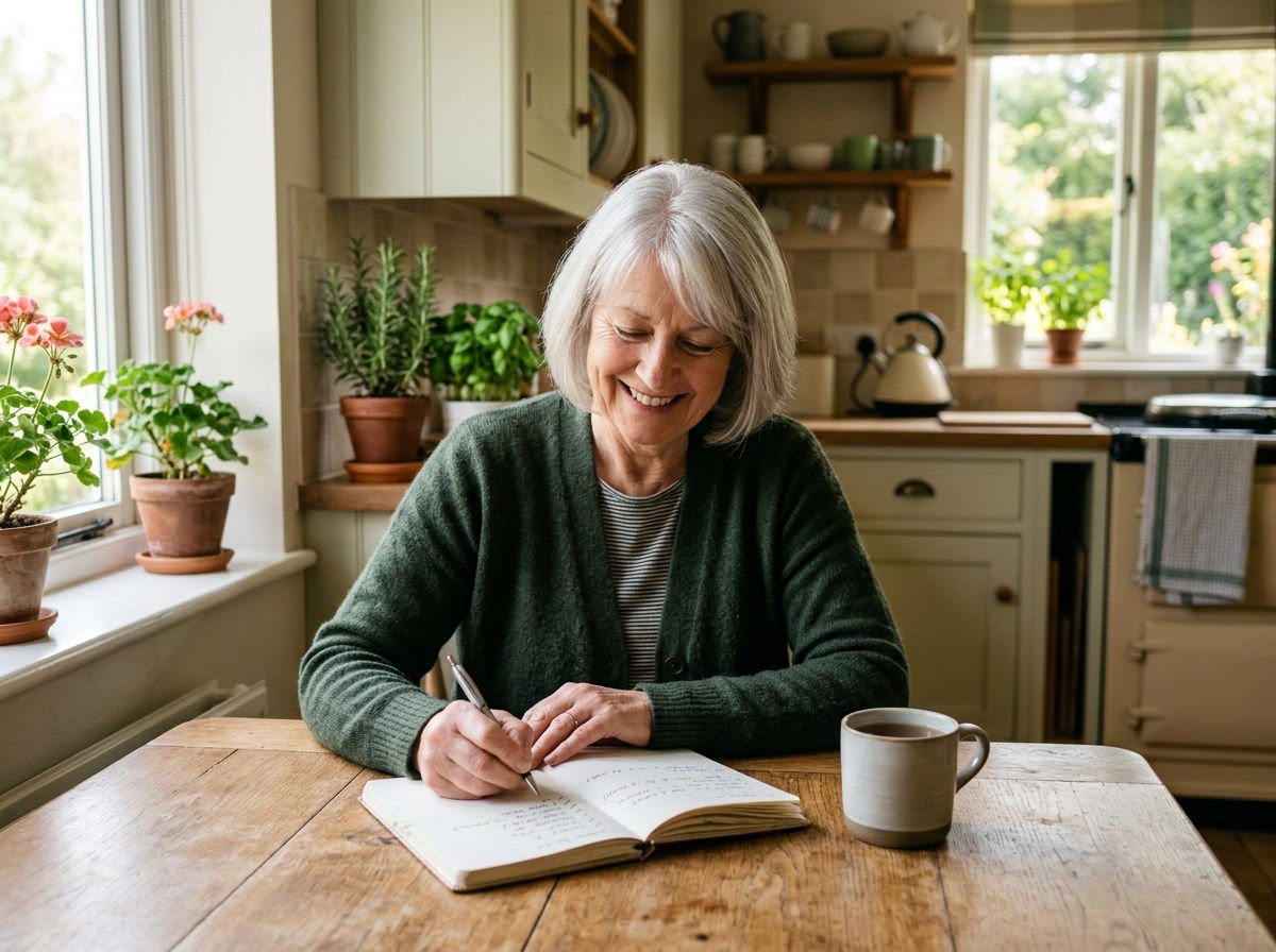 Woman in her sixties writing in a notebook at a kitchen table with a cup of tea