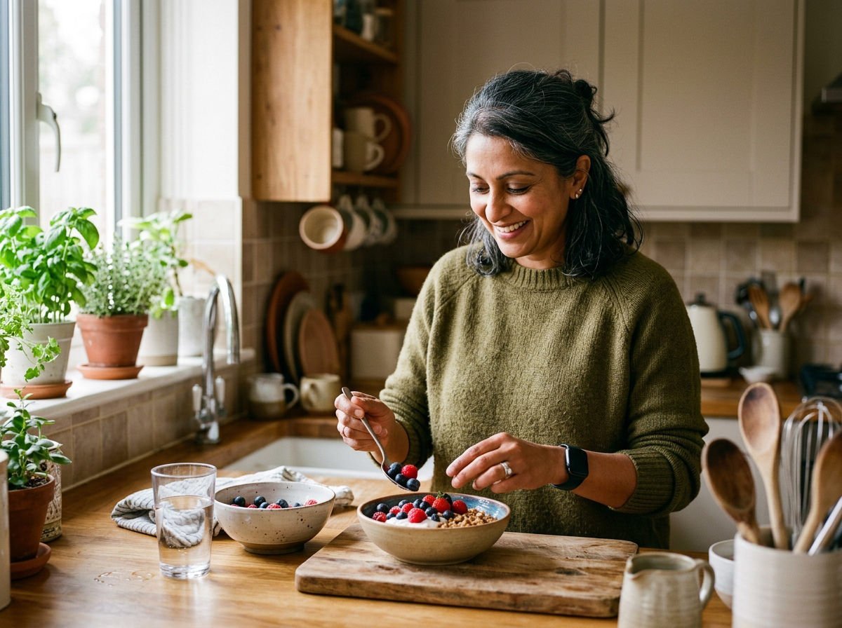 Woman preparing a yoghurt and berry breakfast bowl in her kitchen