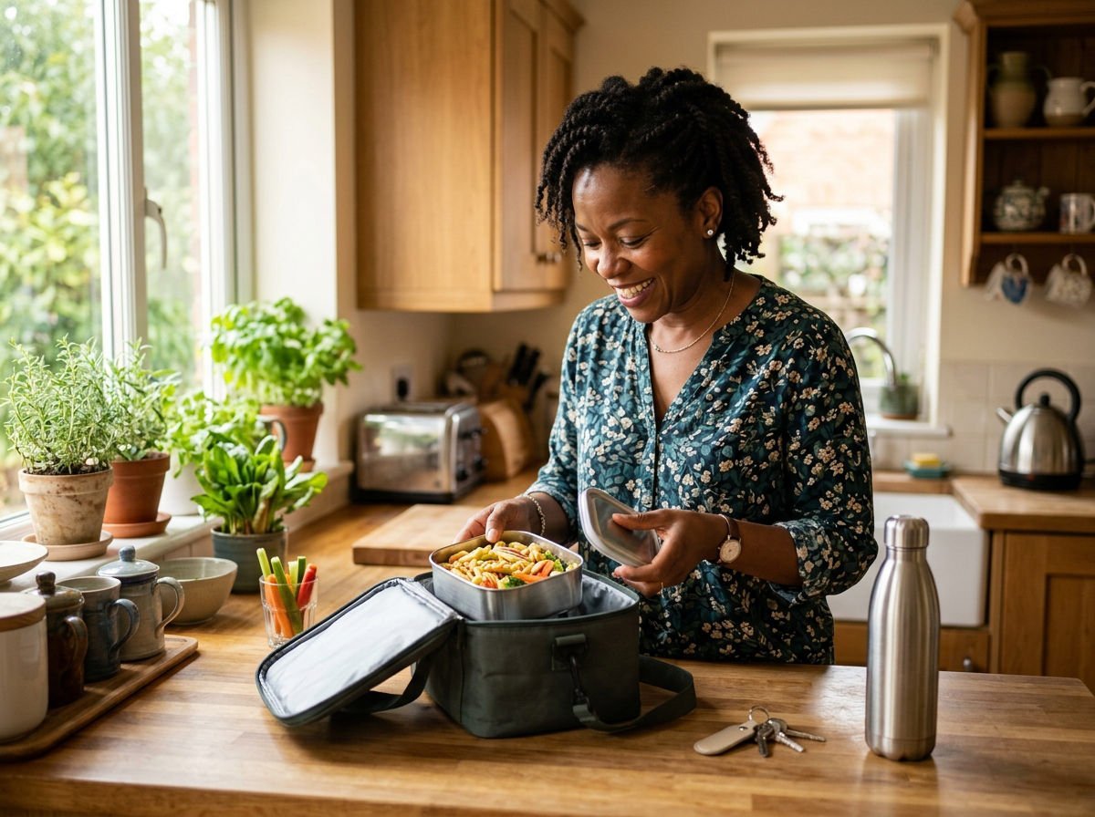 Woman packing a lunch box in a bright kitchen before work
