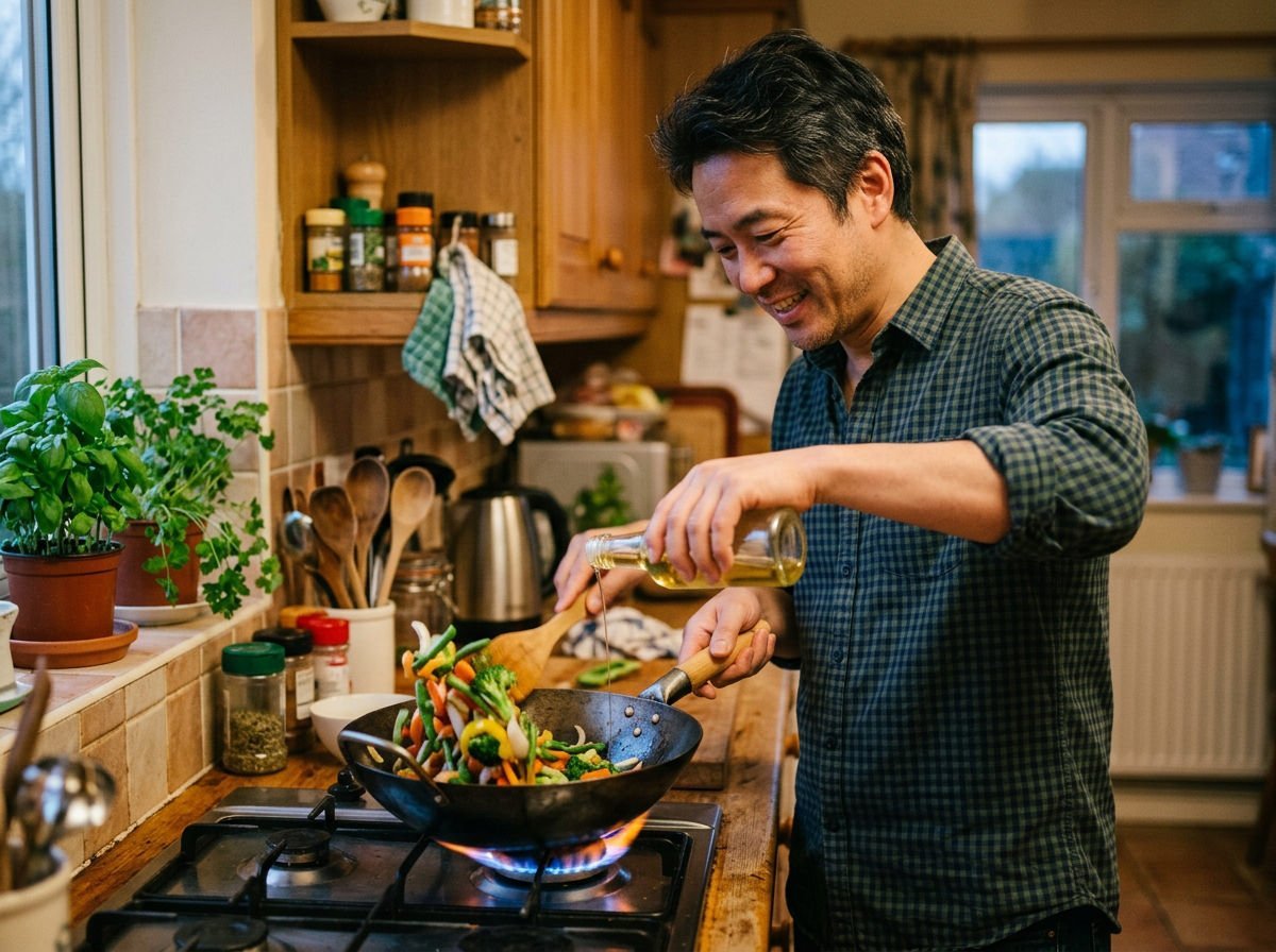 Man pouring oil into a wok of stir-fried vegetables