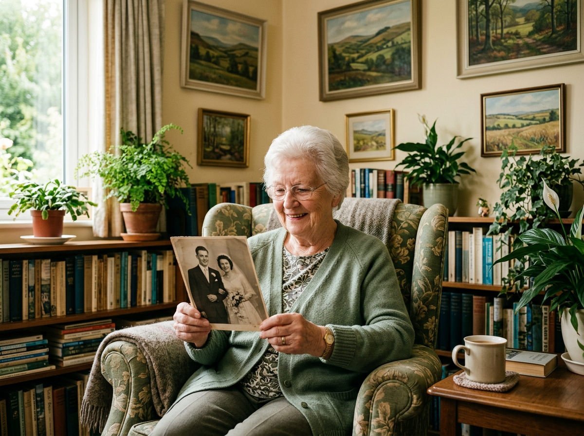 Woman in her seventies smiling at an old black-and-white wedding photo