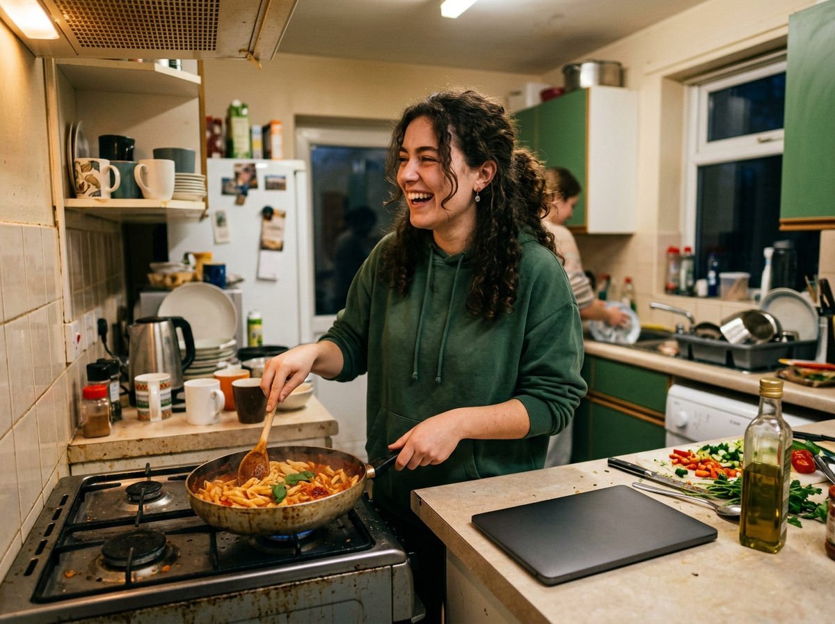 Student laughing while stirring a pan of pasta in a shared kitchen