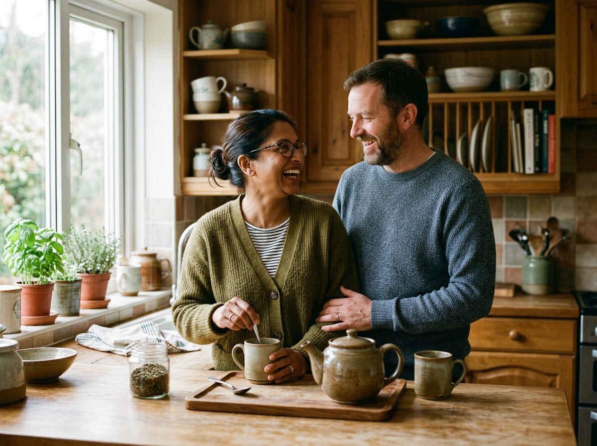 Couple laughing together while making tea in the kitchen