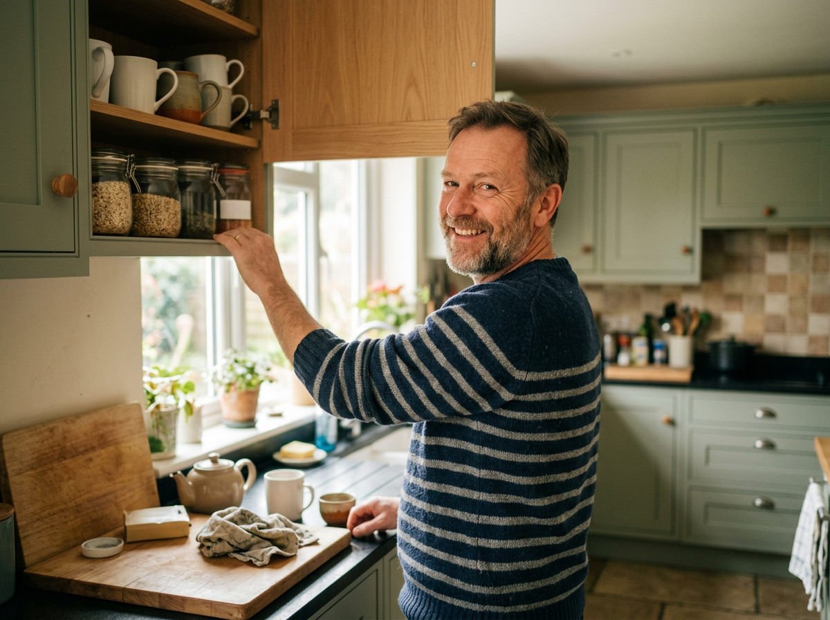 Man in his fifties opening a kitchen cupboard and smiling over his shoulder