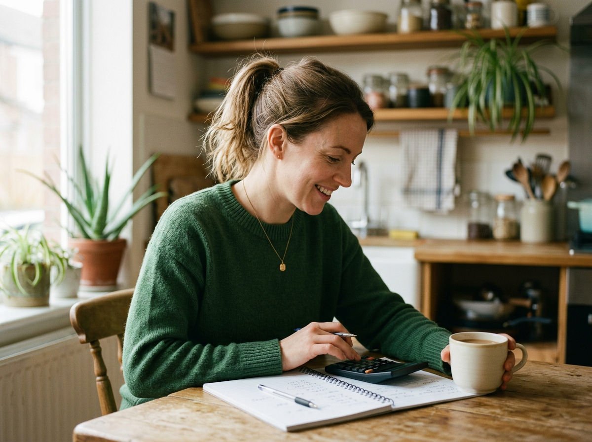 Woman with a calculator and notebook working out her budget