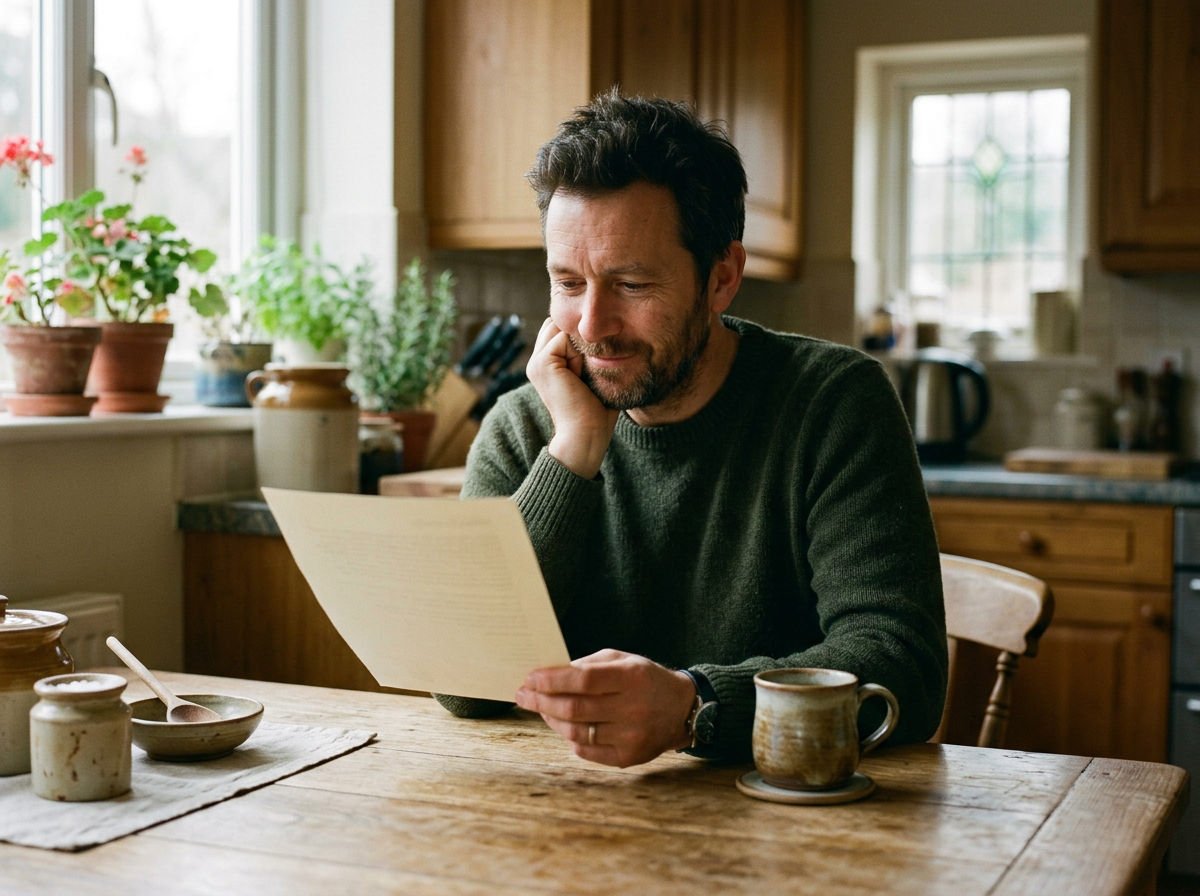 Man reading a leaflet at the kitchen table with a thoughtful half-smile