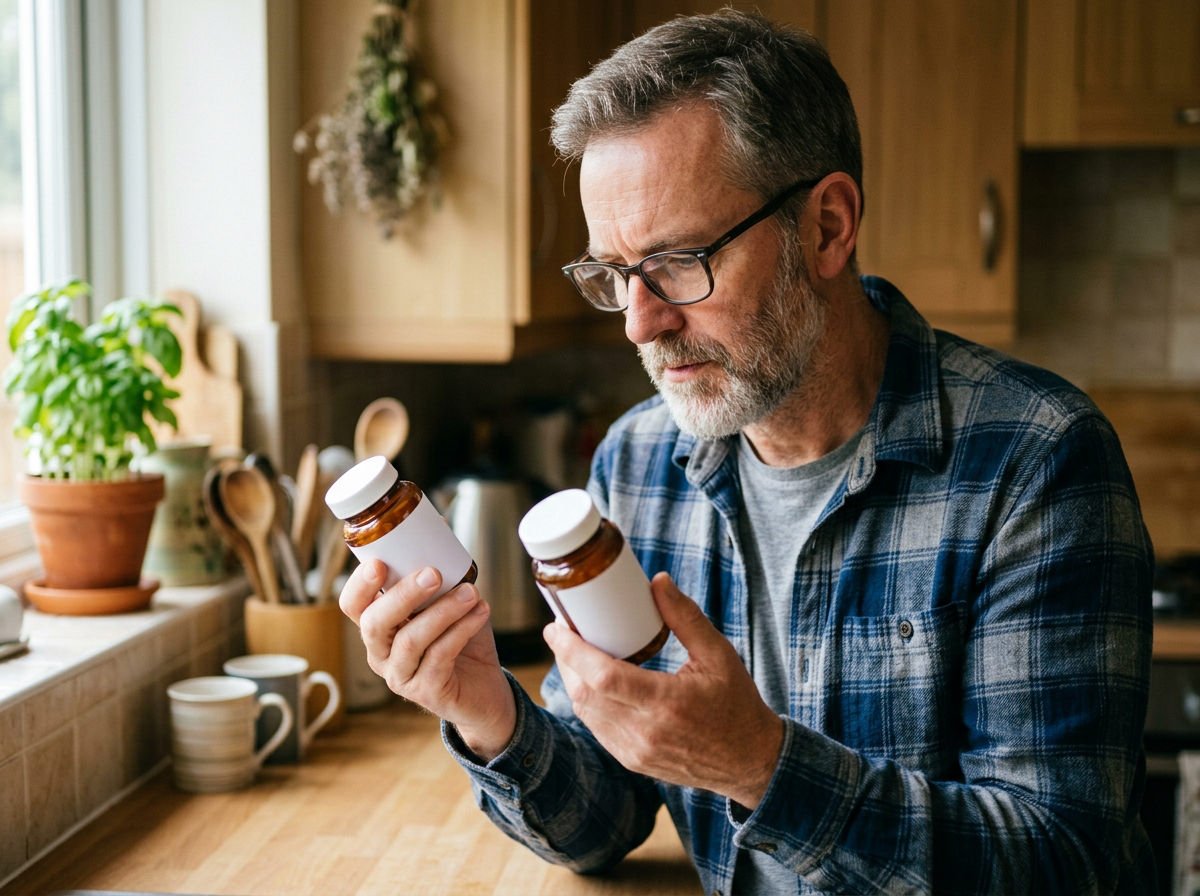 Man comparing two plain supplement jars in his kitchen