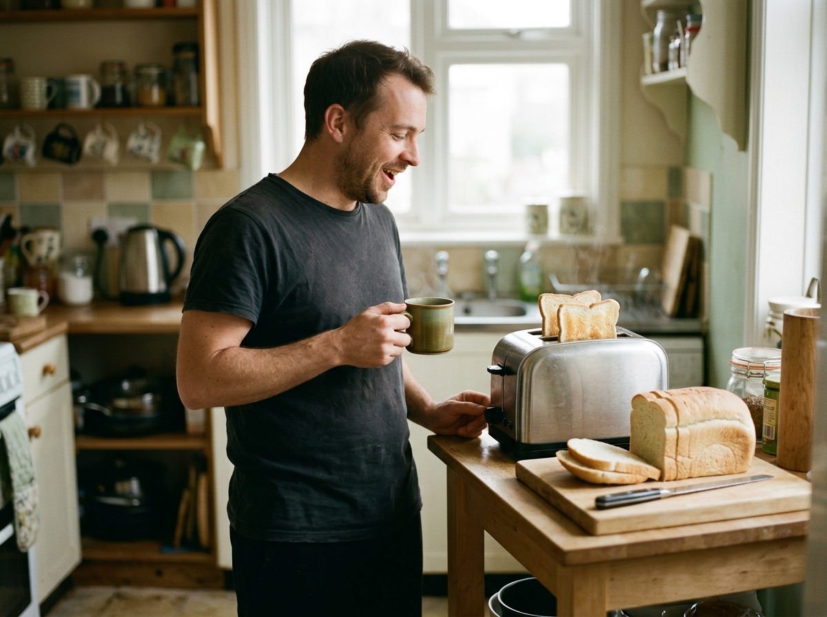 Man waiting by a toaster as white toast pops up, a sliced white loaf beside him