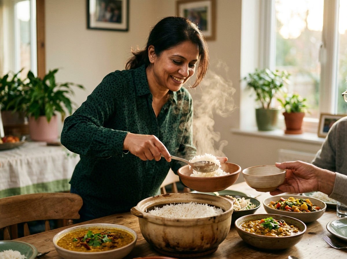 Woman serving steaming white rice at a family dinner table