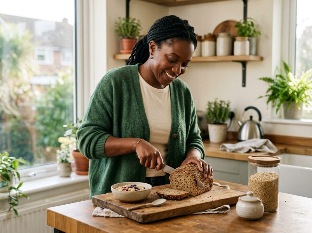 Woman slicing a seeded wholemeal loaf next to a bowl of oats